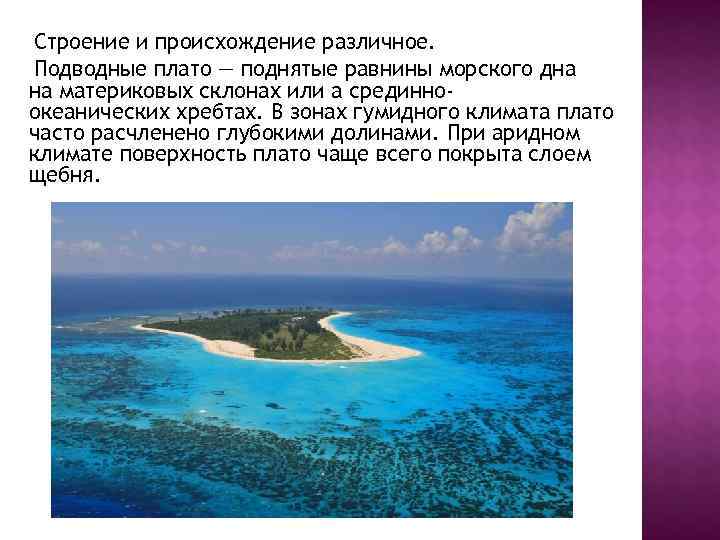 Строение и происхождение различное. Подводные плато — поднятые равнины морского дна на материковых склонах