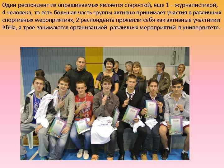 Один респондент из опрашиваемых является старостой, еще 1 – журналистикой, 4 человека, то есть