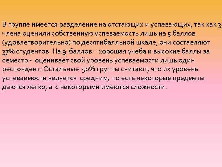 В группе имеется разделение на отстающих и успевающих, так как 3 члена оценили собственную