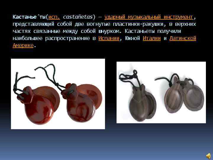 Кастанье ты(исп. castañetas) — ударный музыкальный инструмент,    представляющий собой две вогнутые