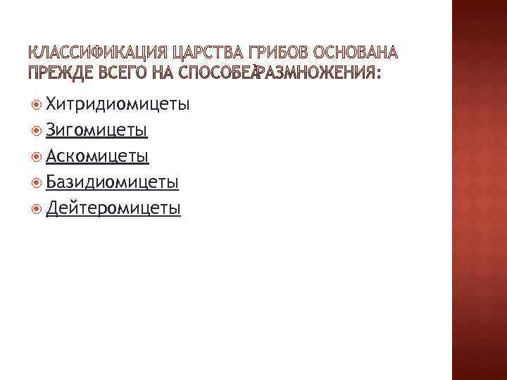  Хитридиомицеты  Зигомицеты  Аскомицеты  Базидиомицеты  Дейтеромицеты 
