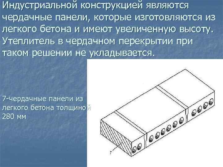 Индустриальной конструкцией являются чердачные панели, которые изготовляются из легкого бетона и имеют увеличенную высоту.