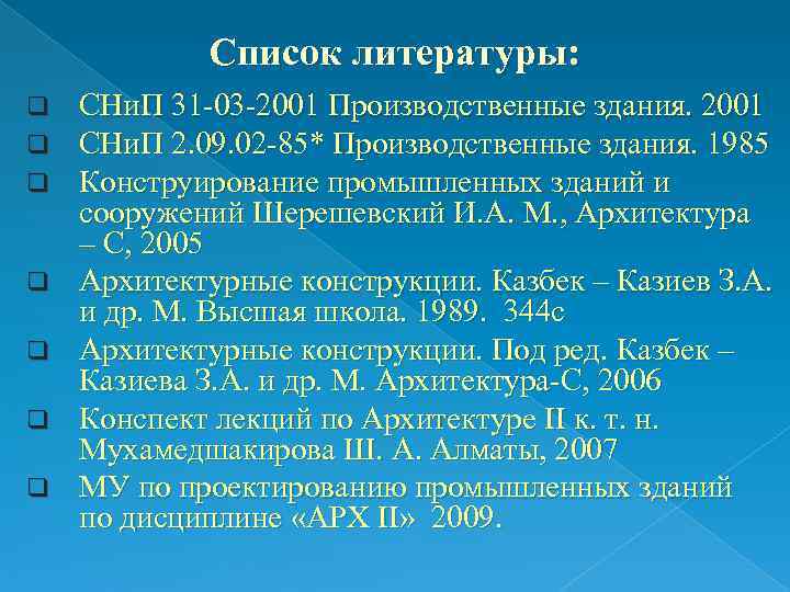 Список литературы: q СНи. П 31 -03 -2001 Производственные здания. 2001 Список литературы: q СНи. П 31 -03 -2001 Производственные здания. 2001