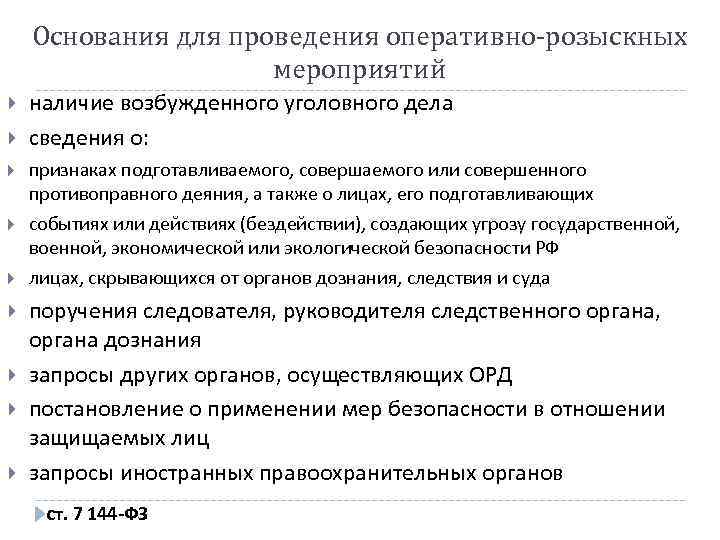 Основания для проведения оперативно-розыскных мероприятий наличие возбужденного уголовного дела сведения о: признаках подготавливаемого, совершаемого