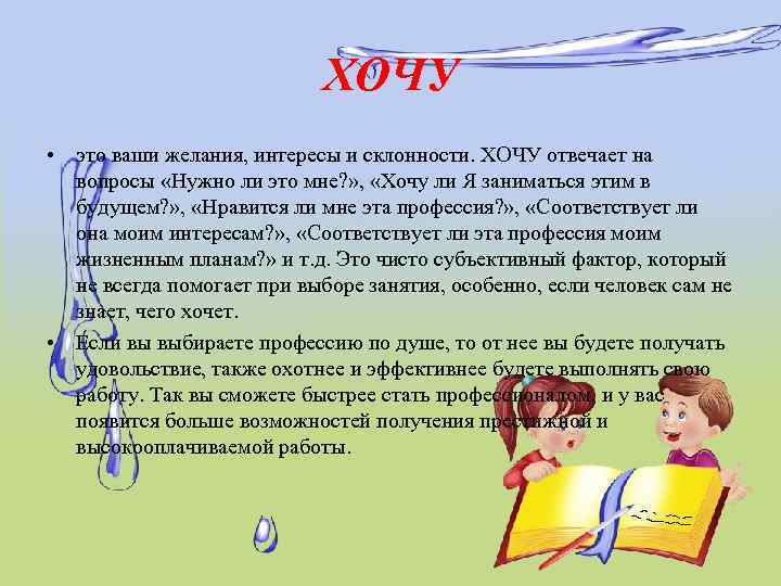 ХОЧУ • это ваши желания, интересы и склонности. ХОЧУ отвечает на вопросы «Нужно ли