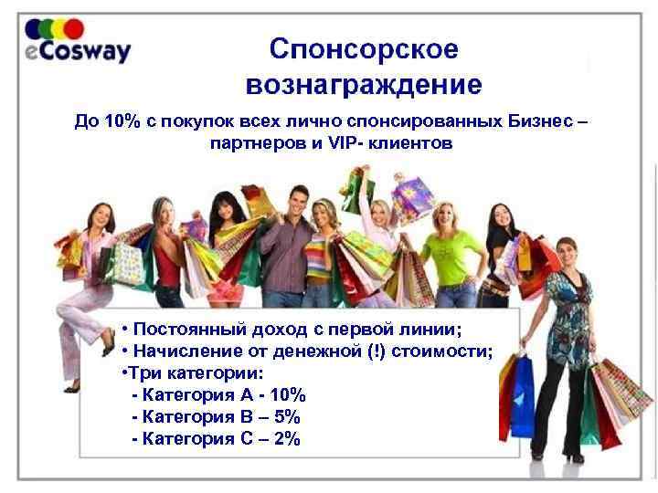 До 10% с покупок всех лично спонсированных Бизнес – партнеров и VIP- клиентов •