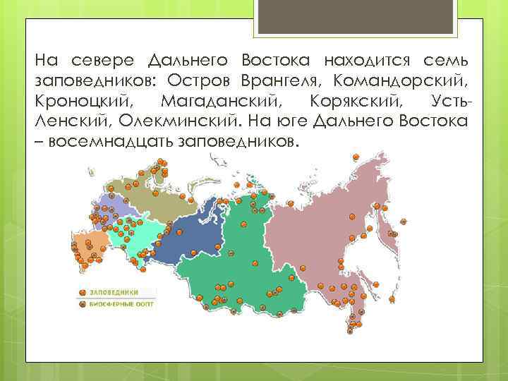 На севере Дальнего Востока находится семь заповедников: Остров Врангеля, Командорский, Кроноцкий, Магаданский, Корякский, Усть