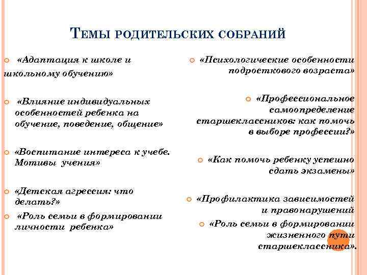 ТЕМЫ РОДИТЕЛЬСКИХ СОБРАНИЙ «Адаптация к школе и школьному обучению» «Профессиональное самоопределение старшеклассников: как помочь