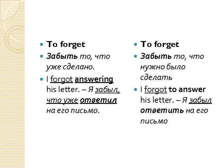 To forget Забыть то, что уже сделано. I forgot answering his letter. – Я