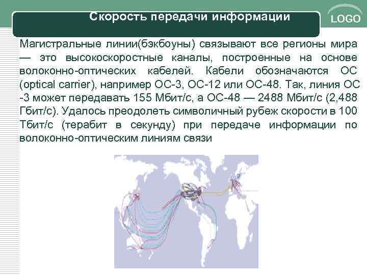 Скорость передачи информации LOGO Магистральные линии(бэкбоуны) связывают все регионы мира — это высокоскоростные каналы,