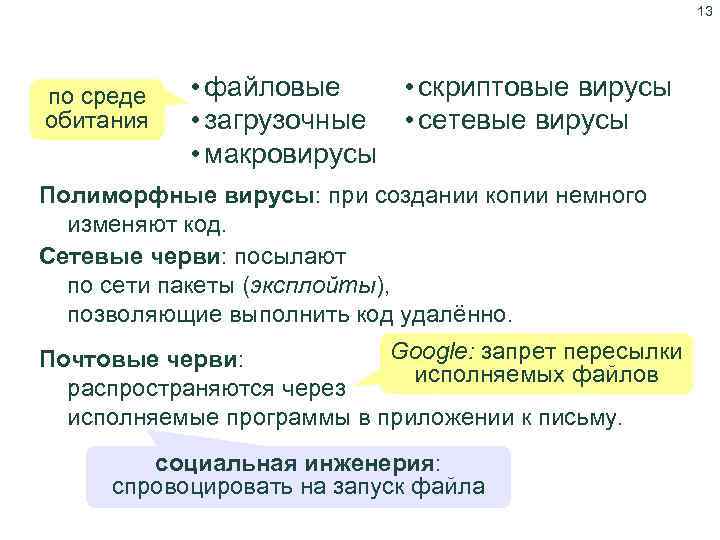 13 Типы вредоносных программ по среде обитания • скриптовые вирусы • файловые • загрузочные