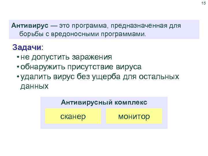 15 Что такое антивирус? Антивирус — это программа, предназначенная для борьбы с вредоносными программами.