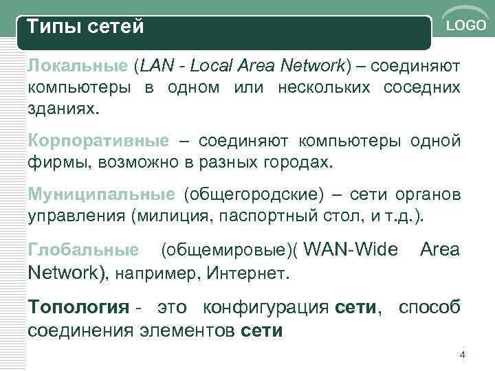 Типы сетей LOGO Локальные (LAN - Local Area Network) – соединяют компьютеры в одном