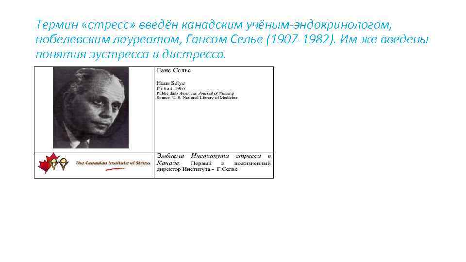 Термин «стресс» введён канадским учёным-эндокринологом, нобелевским лауреатом, Гансом Селье (1907 -1982). Им же введены