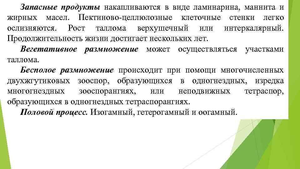 Запасные продукты накапливаются в виде ламинарина, маннита и жирных масел. Пектиново целлюлозные клеточные стенки