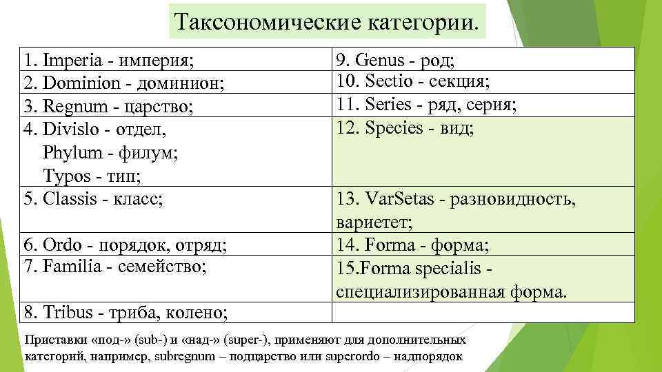Таксономические категории. 1. Imperia империя; 2. Dominion доминион; 3. Regnum царство; 4. Divislo отдел,
