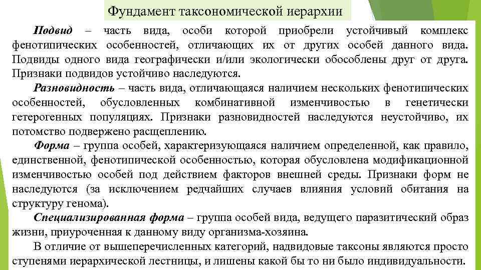 Фундамент таксономической иерархии Подвид – часть вида, особи которой приобрели устойчивый комплекс фенотипических особенностей,