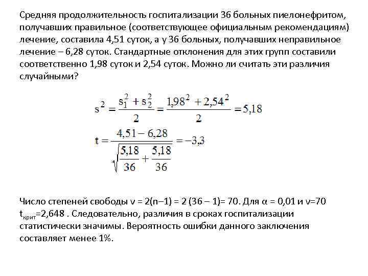 Средняя продолжительность госпитализации 36 больных пиелонефритом, получавших правильное (соответствующее официальным рекомендациям) лечение, составила 4,