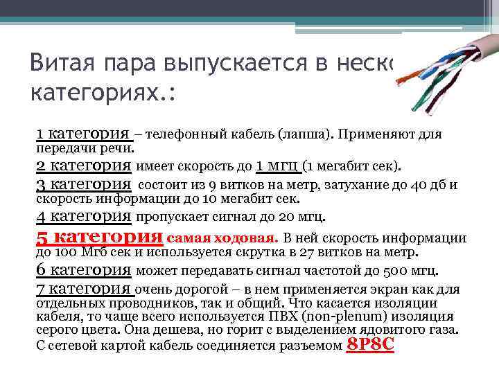 Витая пара выпускается в нескольких категориях. : 1 категория – телефонный кабель (лапша). Применяют