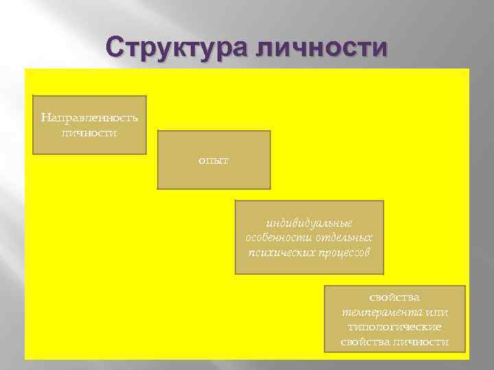 Структура личности Направленность личности опыт индивидуальные особенности отдельных психических процессов свойства темперамента или типологические