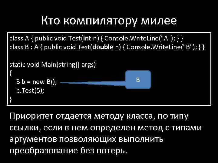 Кто компилятору милее class A { public void Test(int n) { Console. Write. Line(