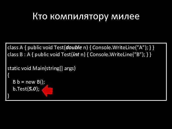 Кто компилятору милее class A { public void Test(double n) { Console. Write. Line(