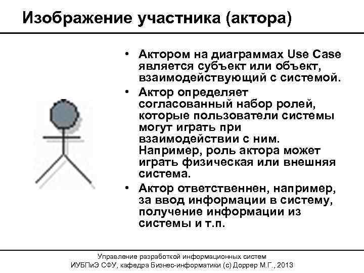 Изображение участника (актора) • Актором на диаграммах Use Case является субъект или объект, взаимодействующий