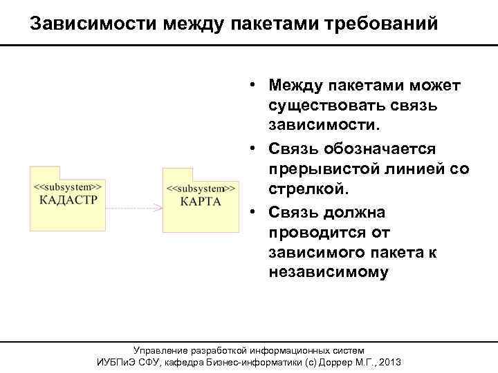 Зависимости между пакетами требований • Между пакетами может существовать связь зависимости. • Связь обозначается
