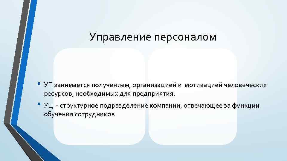 Управление персоналом • УП занимается получением, организацией и мотивацией человеческих ресурсов, необходимых для предприятия.