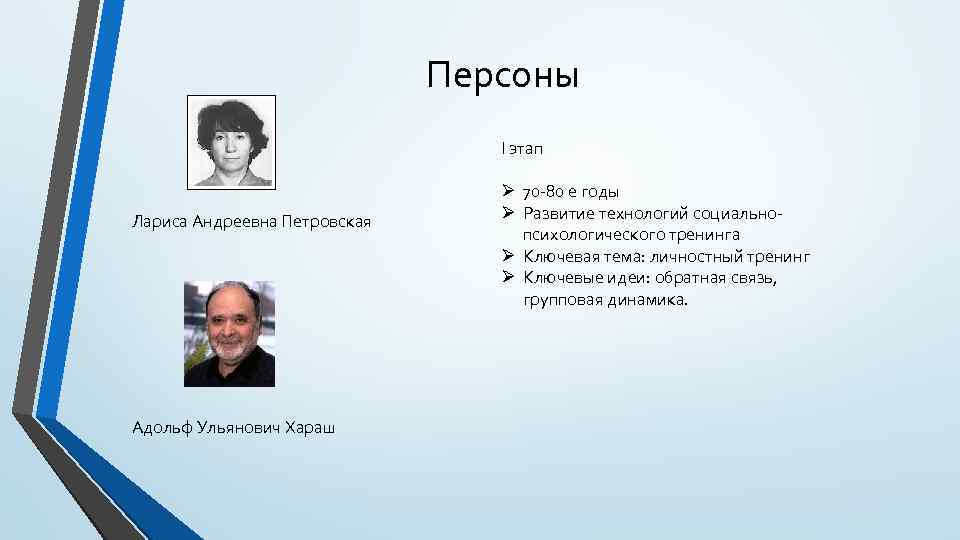 Персоны I этап Лариса Андреевна Петровская Адольф Ульянович Хараш Ø 70 -80 е годы