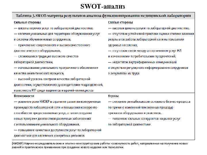 SWOT-анализ (НИОКР) Научно-исследовательские и опытно-конструкторские работы -совокупность работ, направленных на получение новых знаний и