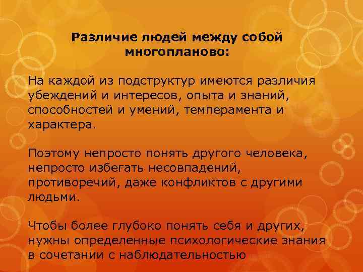 Различие людей между собой многопланово: На каждой из подструктур имеются различия убеждений и интересов,