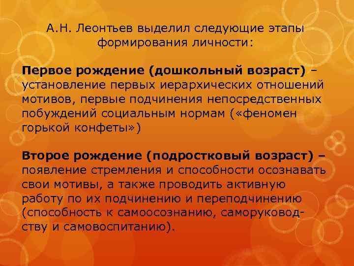 А. Н. Леонтьев выделил следующие этапы формирования личности: Первое рождение (дошкольный возраст) – установление