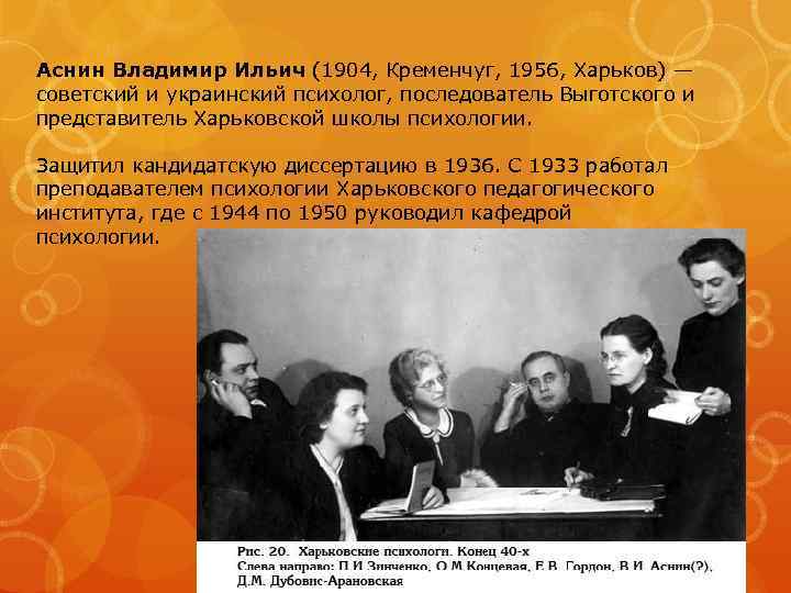 Аснин Владимир Ильич (1904, Кременчуг, 1956, Харьков) — советский и украинский психолог, последователь Выготского