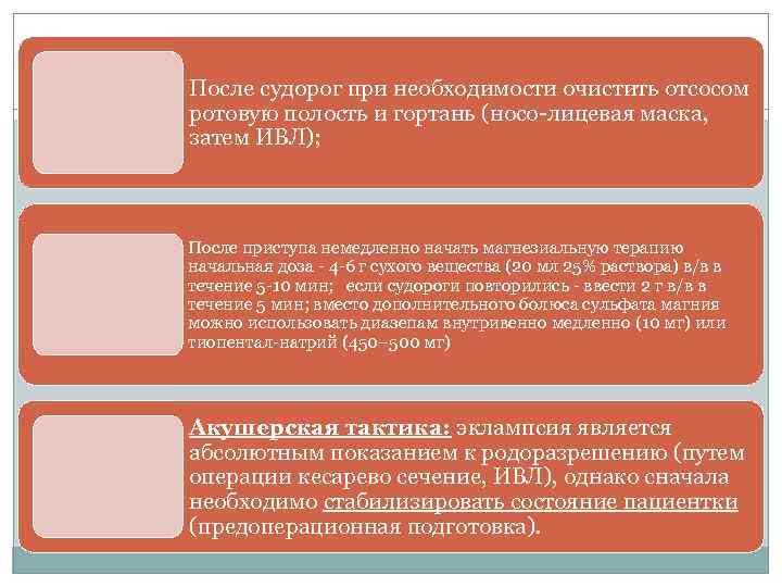 После судорог при необходимости очистить отсосом ротовую полость и гортань (носо лицевая маска, затем