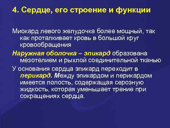 4. Сердце, его строение и функции Миокард левого желудочка более мощный, так как проталкивает