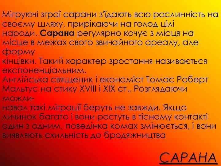 Мігруючі зграї сарани з'їдають всю рослинність на своєму шляху, прирікаючи на голод цілі народи.