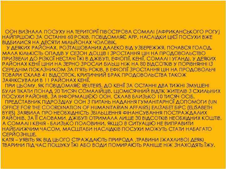 ООН ВИЗНАЛА ПОСУХУ НА ТЕРИТОРІЇ ПІВОСТРОВА СОМАЛІ (АФРИКАНСЬКОГО РОГУ) НАЙГІРШОЮ ЗА ОСТАННІ 60 РОКІВ,