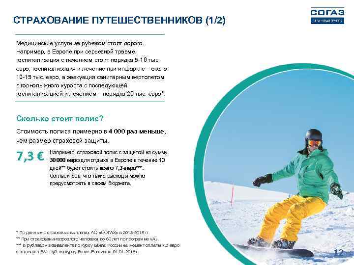 СТРАХОВАНИЕ ПУТЕШЕСТВЕННИКОВ (1/2) Медицинские услуги за рубежом стоят дорого. Например, в Европе при серьезной