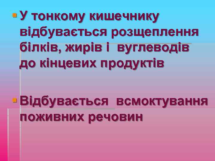 § У тонкому кишечнику відбувається розщеплення білків, жирів і вуглеводів до кінцевих продуктів §