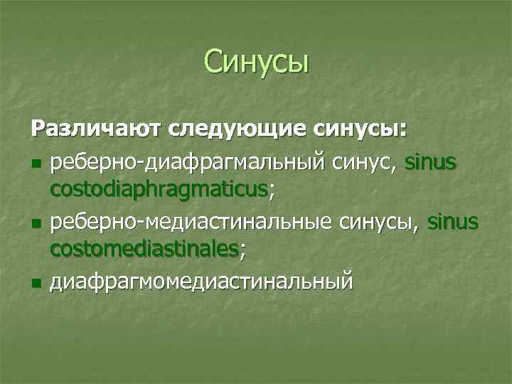 Синусы Различают следующие синусы: n реберно-диафрагмальный cинyc, sinus costodiaphragmaticus; n реберно-медиастинальные синусы, sinus costomediastinales;