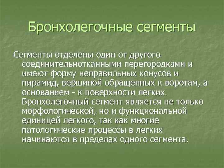 Бронхолегочные сегменты Сегменты отделены один от другого соединительнотканными перегородками и имеют форму неправильных конусов