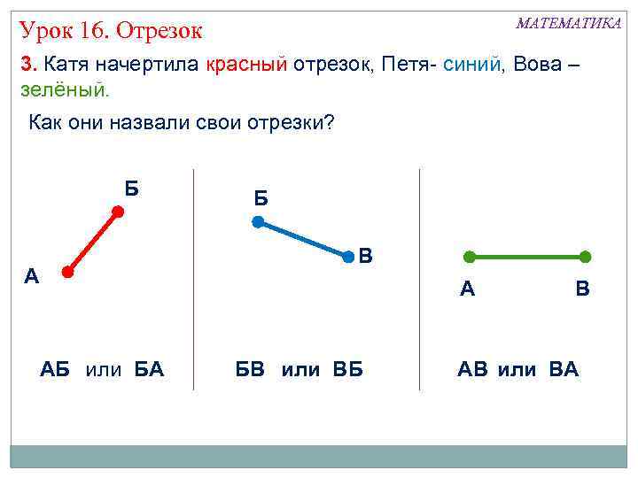 МАТЕМАТИКА Урок 16. Отрезок 3. Катя начертила красный отрезок, Петя- синий, Вова – зелёный.