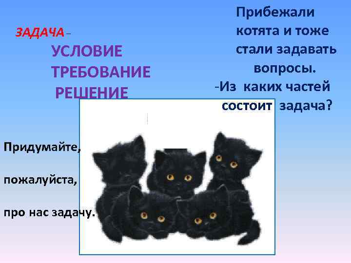 ЗАДАЧА – УСЛОВИЕ ТРЕБОВАНИЕ РЕШЕНИЕ Придумайте, пожалуйста, про нас задачу. Прибежали котята и тоже