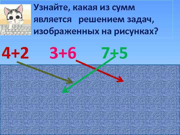 Узнайте, какая из сумм является решением задач, изображенных на рисунках? 4+2 3+6 7+5 