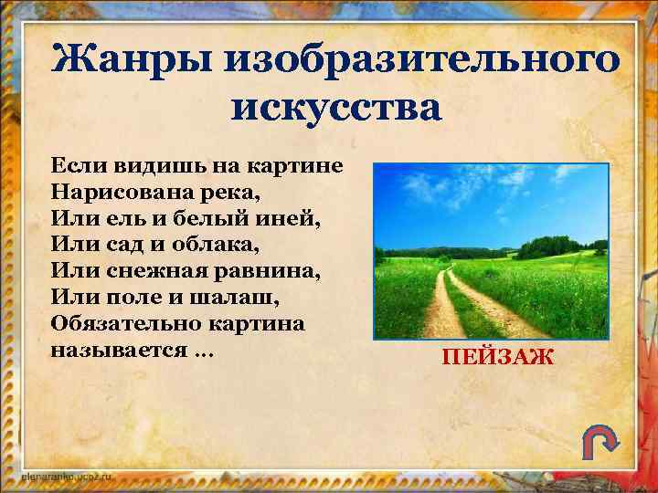 Жанры изобразительного искусства Если видишь на картине Нарисована река, Или ель и белый иней,