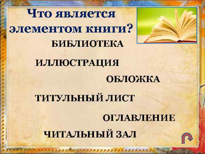 Что является элементом книги? БИБЛИОТЕКА ИЛЛЮСТРАЦИЯ ОБЛОЖКА ТИТУЛЬНЫЙ ЛИСТ ОГЛАВЛЕНИЕ ЧИТАЛЬНЫЙ ЗАЛ 