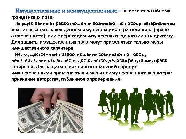  – выделяют по объему гражданских прав. Имущественные правоотношения возникают по поводу материальных благ