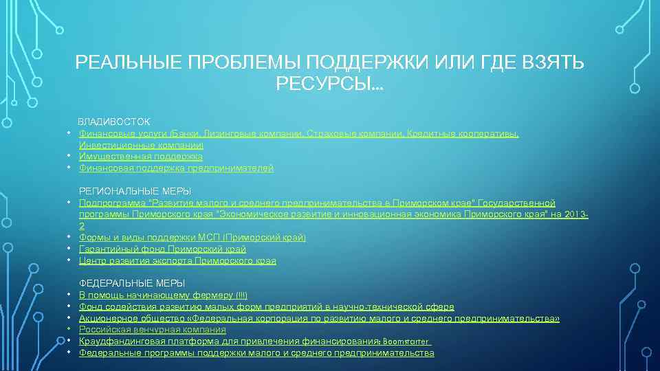 РЕАЛЬНЫЕ ПРОБЛЕМЫ ПОДДЕРЖКИ ИЛИ ГДЕ ВЗЯТЬ РЕСУРСЫ. . . • • • ВЛАДИВОСТОК Финансовые