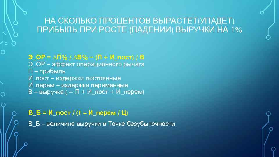 НА СКОЛЬКО ПРОЦЕНТОВ ВЫРАСТЕТ(УПАДЕТ) ПРИБЫЛЬ ПРИ РОСТЕ (ПАДЕНИИ) ВЫРУЧКИ НА 1% Э_ОР = ∆П%